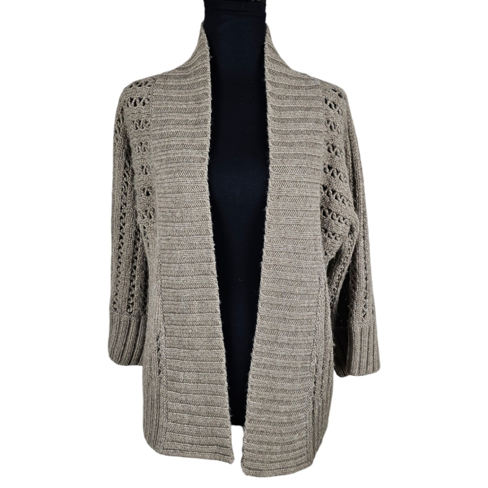 LOFT Wool Blend Open Front Knit Cardigan Sweater Sz Medium Beige Neutral  Staple